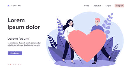 Visually impaired woman and man holding big heart. Romance, care, support flat vector illustration. Love and relationship concept for banner, website design or landing web pageのイラスト素材