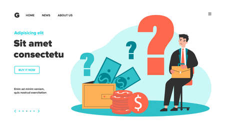 Sad man concerned about financial problem, money need and unpaid loan debts. Male character, question mark, wallet with cash. Vector illustration for finance, bankruptcy, trouble conceptのイラスト素材