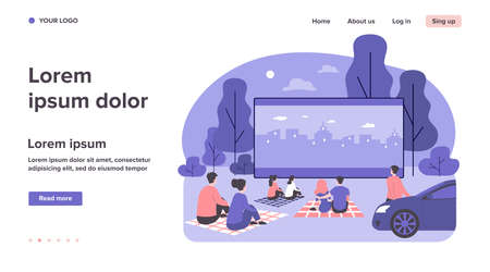 Outdoor cinema theater big screen. Friends and dating couples watching open air movie at night. Vector illustration for evening leisure, vacation, weekend conceptのイラスト素材
