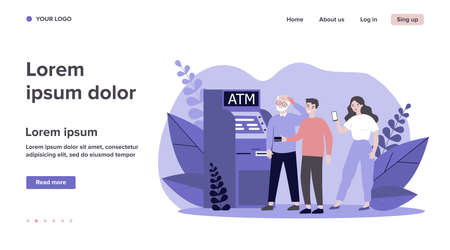 People helping senior man at ATM. Puzzled grandpa, credit card, mobile app using flat vector illustration. Old people support, banking concept for banner, website design or landing web pageのイラスト素材