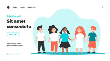 International friendship or multiethnic classmates concept. Diverse group of African American and Caucasian children playing together in kindergarten or school. Flat vector illustrationのイラスト素材