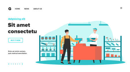Male customer buying construction tools in store. Man standing at cash register counter and paying cash. Vector illustration for hardware construction shop, building worker, home repair conceptのイラスト素材
