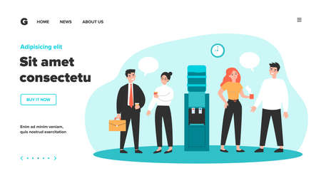 Office colleagues meeting at water dispenser, drinking coffee, discussing gossips . Flat vector illustration for work break, corporate talks and chatting, communication conceptのイラスト素材