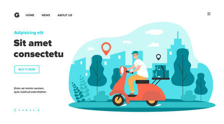 Courier riding scooter. Happy young man delivering parcel in city, carrying food, using gps navigation. Vector illustration for express delivery service, transport, shipping conceptのイラスト素材