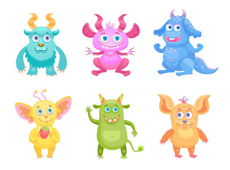 Cute cartoon monsters flat icon set. Funny comic characters of Halloween creatures, aliens, trolls...
