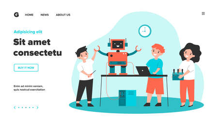 School robotics project. Group of children with laptop and remote control creating cyborg, presenting humanoid robot. Flat vector illustration for childhood activity, education, innovation conceptのイラスト素材