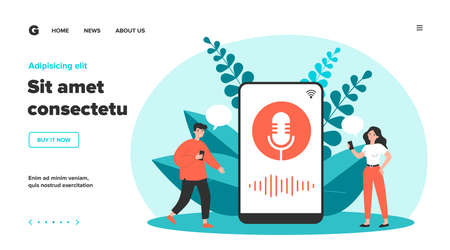 Happy tiny people using voice assistant isolated flat vector illustration. Cartoon characters standing near big smartphone with speaker. Software and digital technology conceptのイラスト素材