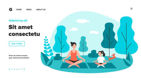 Happy mom and daughter practicing yoga in park. Woman and girl training outdoors. Flat illustration for family activity, outdoor workout, fitness, leisure conceptのイラスト素材
