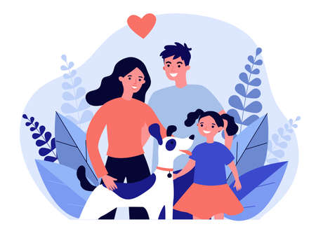Parents presenting pet to their child flat abstract illustration. Happy family adopting dog. Little girl greeting new friend. Charity and animal adoption concept.の写真素材