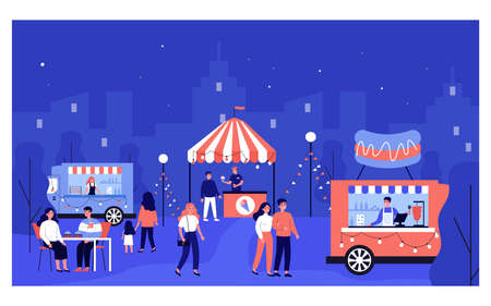 Happy people walking at night marketのイラスト素材