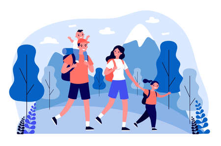 Active happy family travelling together in mountainsの写真素材