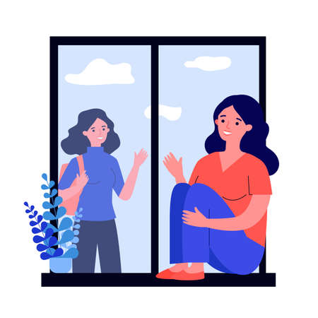 Young woman sitting on window and waving to friendのイラスト素材