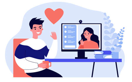 Happy people dating online flat illustrationの写真素材