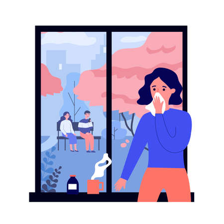 Sick young woman with flu looking at windowのイラスト素材