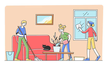 Happy family cleaning apartment togetherの写真素材