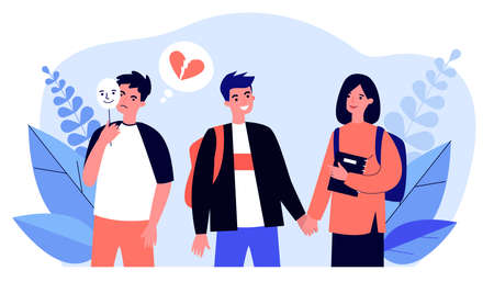 Happy young couple and jealous guy standing near themのイラスト素材