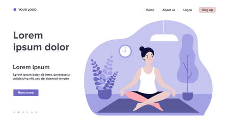 Woman doing morning yoga at home flat vector illustrationのイラスト素材