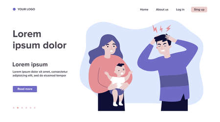 Young father tired of migraine because of crying babyのイラスト素材