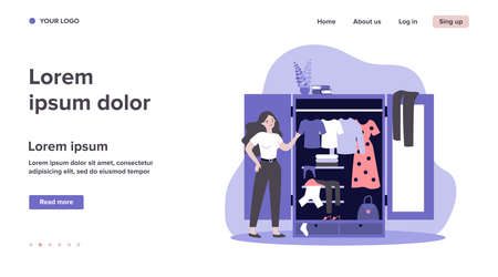 Woman standing near opened closet and looking at dressesのイラスト素材