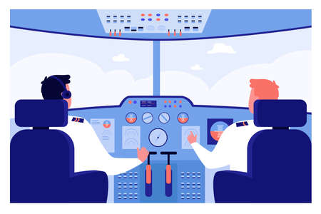 Airplane pilots at control panel navigating planeのイラスト素材