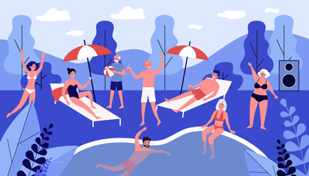 Happy people relaxing at party near swimming pool