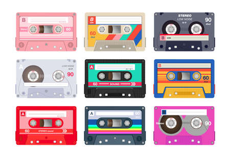 Vintage stereo cassettes flat icon setのイラスト素材
