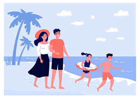 Happy parents couple and kids spending summer by seasideのイラスト素材