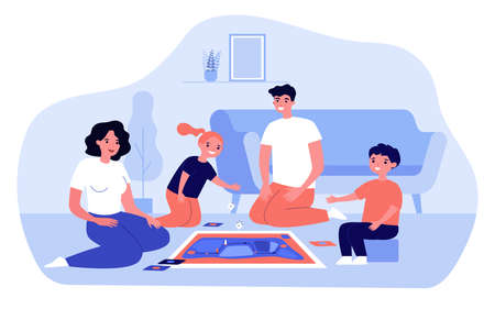 Happy parents and kids playing board gameのイラスト素材