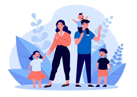 Sad parent standing with crying childrenのイラスト素材