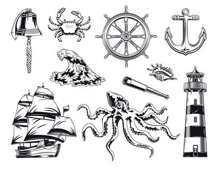 Black maritime and nautical elements illustration setのイラスト素材