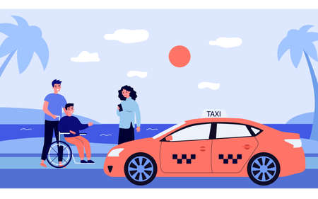 Woman ordering taxi for handicapped manのイラスト素材