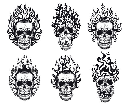 Monochrome skulls on fire flat emblem setのイラスト素材
