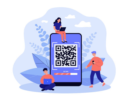 Tiny people scanning QR code