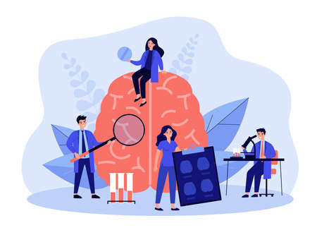 Tiny scientists studying human brain in labのイラスト素材