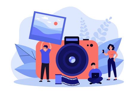 Tiny people taking photo flat vector illustration