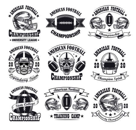 Monochrome American football emblems vector illustration setのイラスト素材