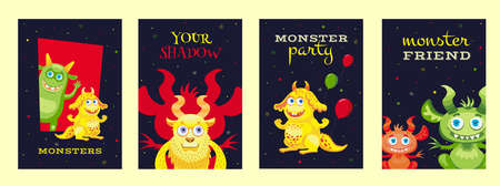 Colorful Halloween posters design with cute monstersのイラスト素材