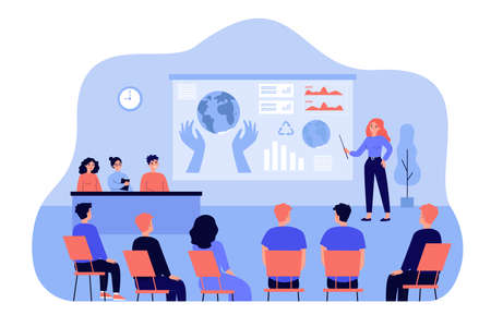 Female speaker standing in front of presentation isolated flat vector illustration. Cartoon audience listening international ecological scientific conference. Business and media forum conceptのイラスト素材