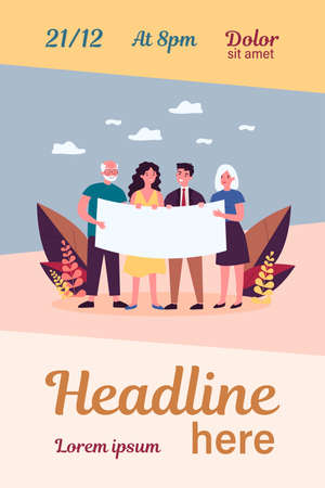 People gathering for protest. Diverse group standing together and holding blank banner flat vector illustration. Position and activism concept for banner, website design or landing web pageのイラスト素材