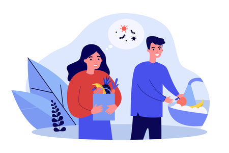 People washing fresh fruits. Protection from microbes and virus, grocery bag, hygiene flat vector illustration. Healthy nutrition and healthcare concept for banner, website design or landing web pageのイラスト素材