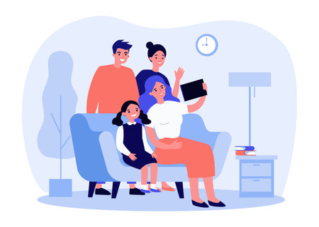 Happy family using tablet for video call. Parents, kid, grandparent flat vector illustration. Communication, love, togetherness concept for banner, website design or landing web pageのイラスト素材