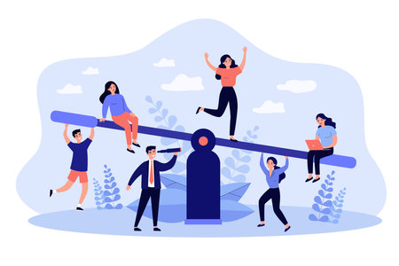 Business team competition. Groups of people balancing on seesaw, weighing down scale. Vector illustration for comparison, advantage, equilibrium, teamwork conceptのイラスト素材