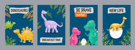 Colorful posters design with funny dinosaurs. Vivid childish brochures for promotion on blue background. Creatures and prehistoric time concept. Template for promotional leaflet or flyerのイラスト素材