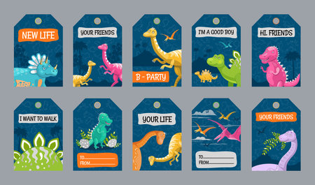 Special tag designs with dino characters. Funny different dinosaurs on blue background. Creatures and fossil reptiles concept. Template for greeting labels or invitation cardのイラスト素材