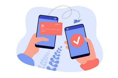 Hands holding cellphones and sending money from electronic wallet flat vector illustration. Cartoon mobile payments online using phone. Bank transaction and digital technology conceptのイラスト素材