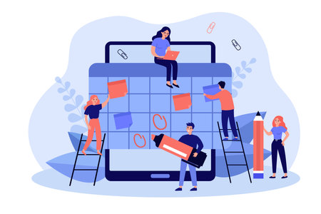 Happy tiny employees making organizer or schedule in big tablet flat vector illustration. Cartoon students organizing planner in app. Event appointment and communication conceptのイラスト素材
