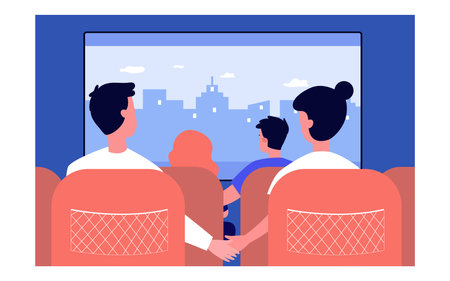 Back view of couples sitting in movie theater. Film, cinema, love flat vector illustration. Entertainment and weekend concept for banner, website design or landing web pageのイラスト素材