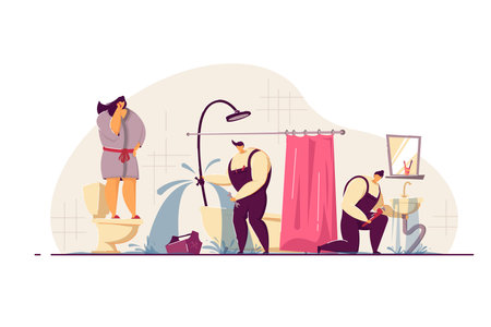 Plumbers fixing leaky pipes in customers bathroom. Frightened woman talking to mobile phone. Vector illustration for plumbing, emergency, house flooding conceptのイラスト素材