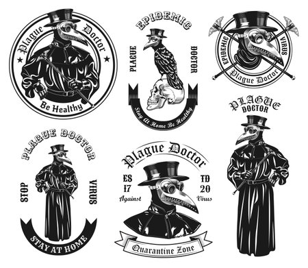 Monochrome plague doctor in costume vector illustration set. Vintage ancient physician in overcoat and mask with beak shaped nose. Medicine and pandemic concept can be used for stickers and badgesのイラスト素材