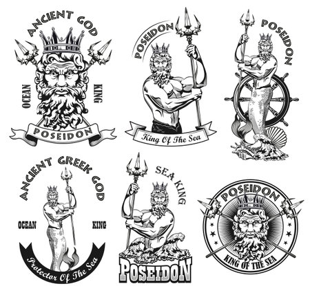 Monochrome Poseidon emblems vector illustration set. Vintage stickers with ocean god in crown holding trident. Ancient Greece mythology concept can be used for stickers and badgesのイラスト素材